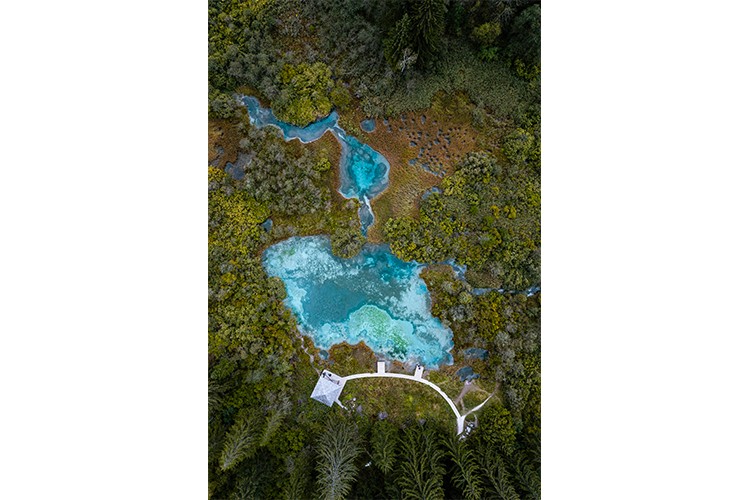 Vue aérienne sur un lac aménagé pour protéger la faune, Slovénie. Format portrait.