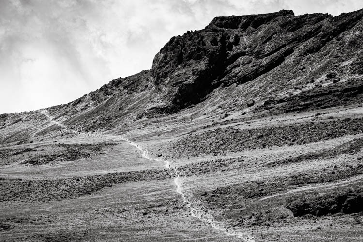 Chemin de trek s'étalant à perte de vue avant l'assaut final du Kilimanjaro, Tanzanie. Format paysage.